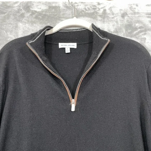 Peter Millar Men's Size S Quarter Zip Sweater Merino Wool Lyocell Black